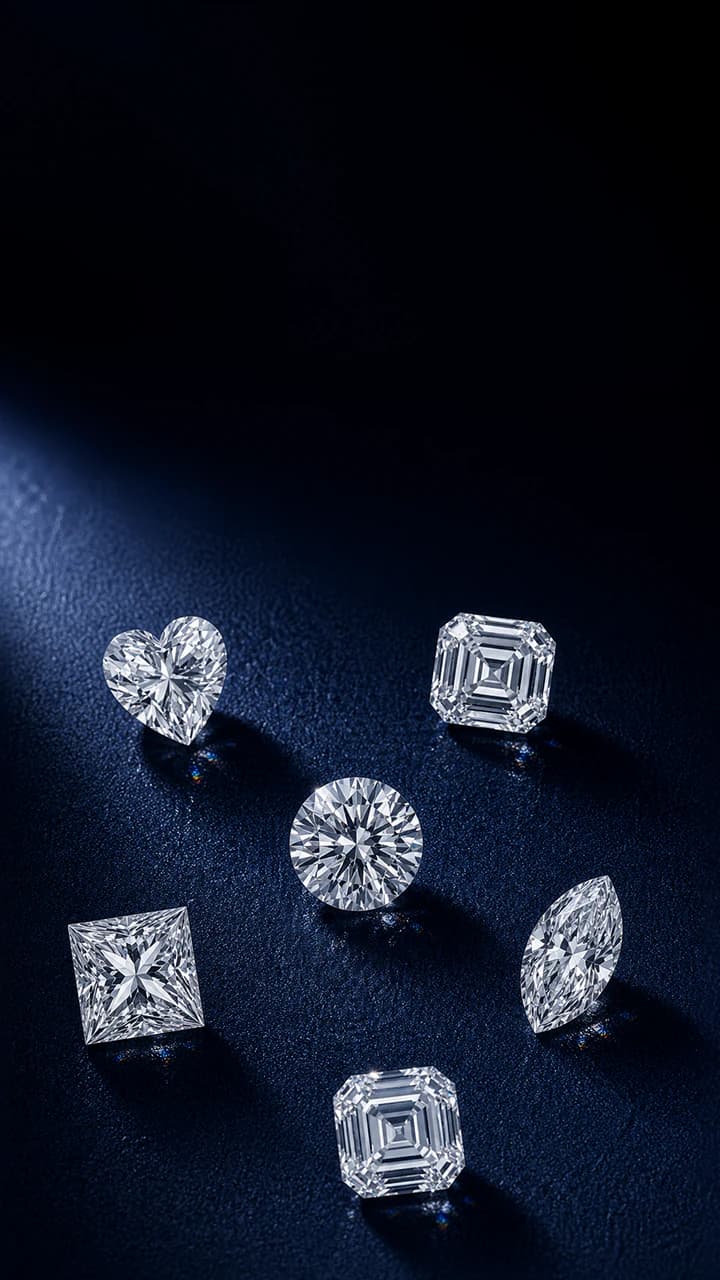 Loose diamonds scattered on dark surface