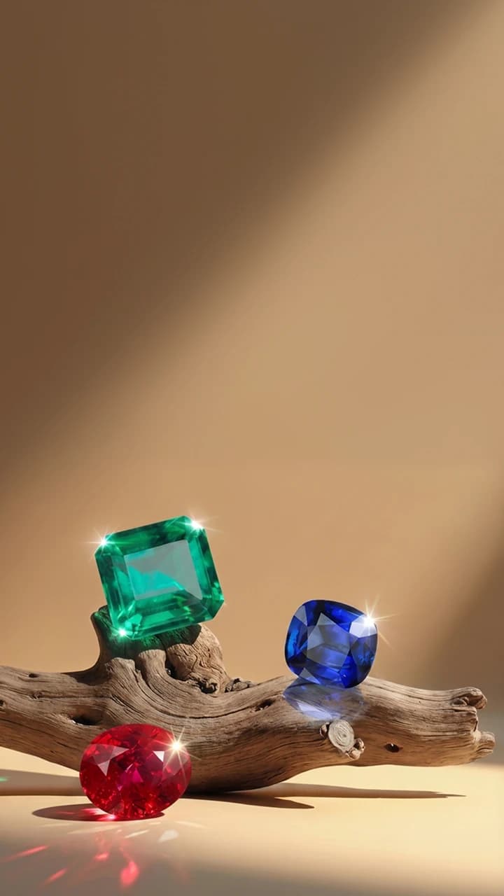 Emerald, sapphire and ruby resting on a driftwood branch